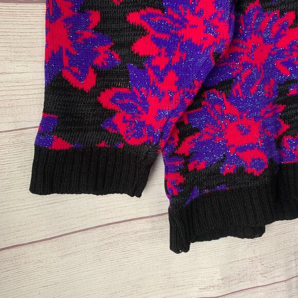 Vintage Floral Sweater Mock Turtleneck 80s 90s Neon Pink Purple Glitter Retro - Picture 9 of 15